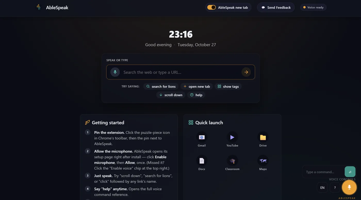 The Web navigation start page in Chrome: a “Speak or type” search box with commands to try, a Getting started guide, quick-launch shortcuts to Gmail, YouTube, Drive, Docs, Classroom and Maps, and the microphone button.